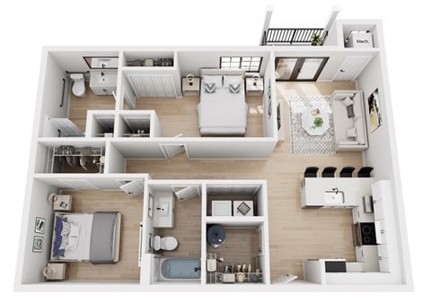 Floor plan for 2 beds, 2 baths, 942 sqft